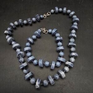 Sarah Coventry Stone Age Jewelry Set Blue Gray Beaded Necklace Bracelet